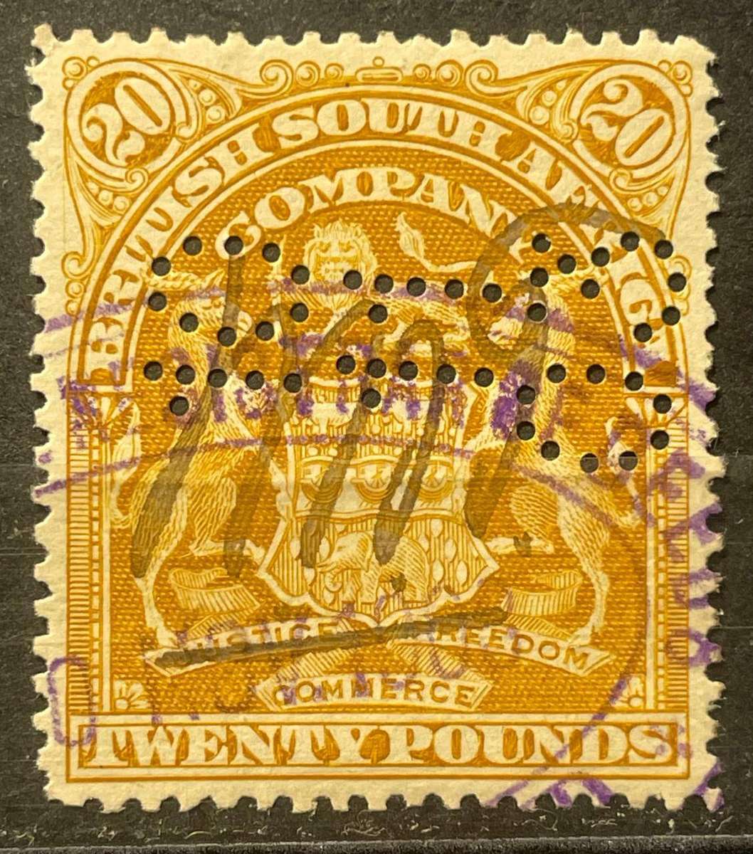 RHODESIA - 1898-1908 £20 REVENUE USED 1903 - VALUED AT R1500 BAREFOOT