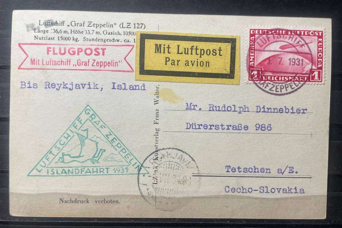 Germany Zeppelin Post 1/7/1931 Iceland Flight Sieger #113B - REYKJAVIK DROP MAIL CANCEL Islandfahrt