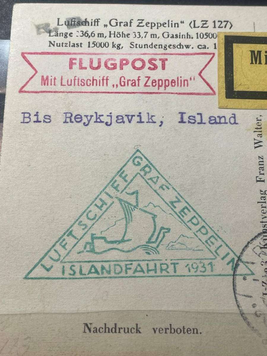 Germany Zeppelin Post 1/7/1931 Iceland Flight Sieger #113B - REYKJAVIK DROP MAIL CANCEL Islandfahrt