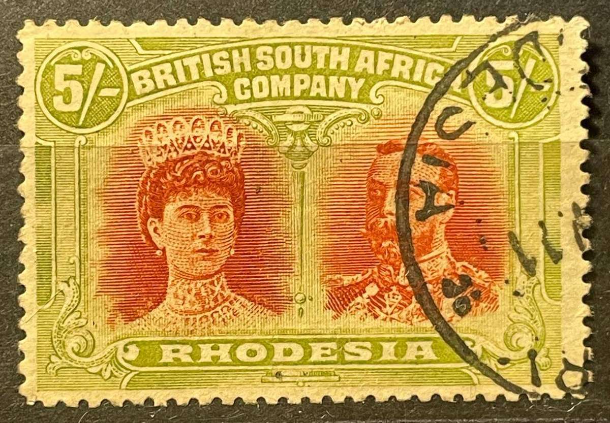 RHODESIA 1910 - 5 SHILLINGS DOUBLE HEADS - USED CV R2500+