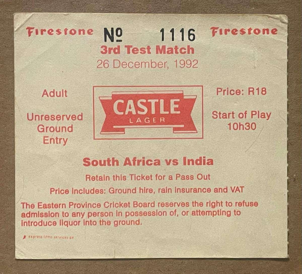 SA CRICKET 1992 SA VS INDIA 3RD TEST MATCH TICKET - BOXING DAY TEST FIRST HOME SERIES