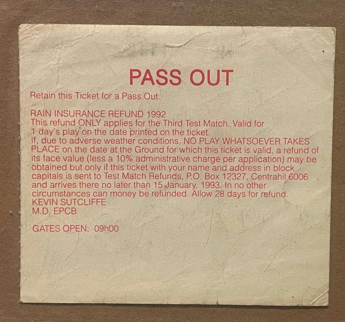 SA CRICKET 1992 SA VS INDIA 3RD TEST MATCH TICKET - BOXING DAY TEST FIRST HOME SERIES