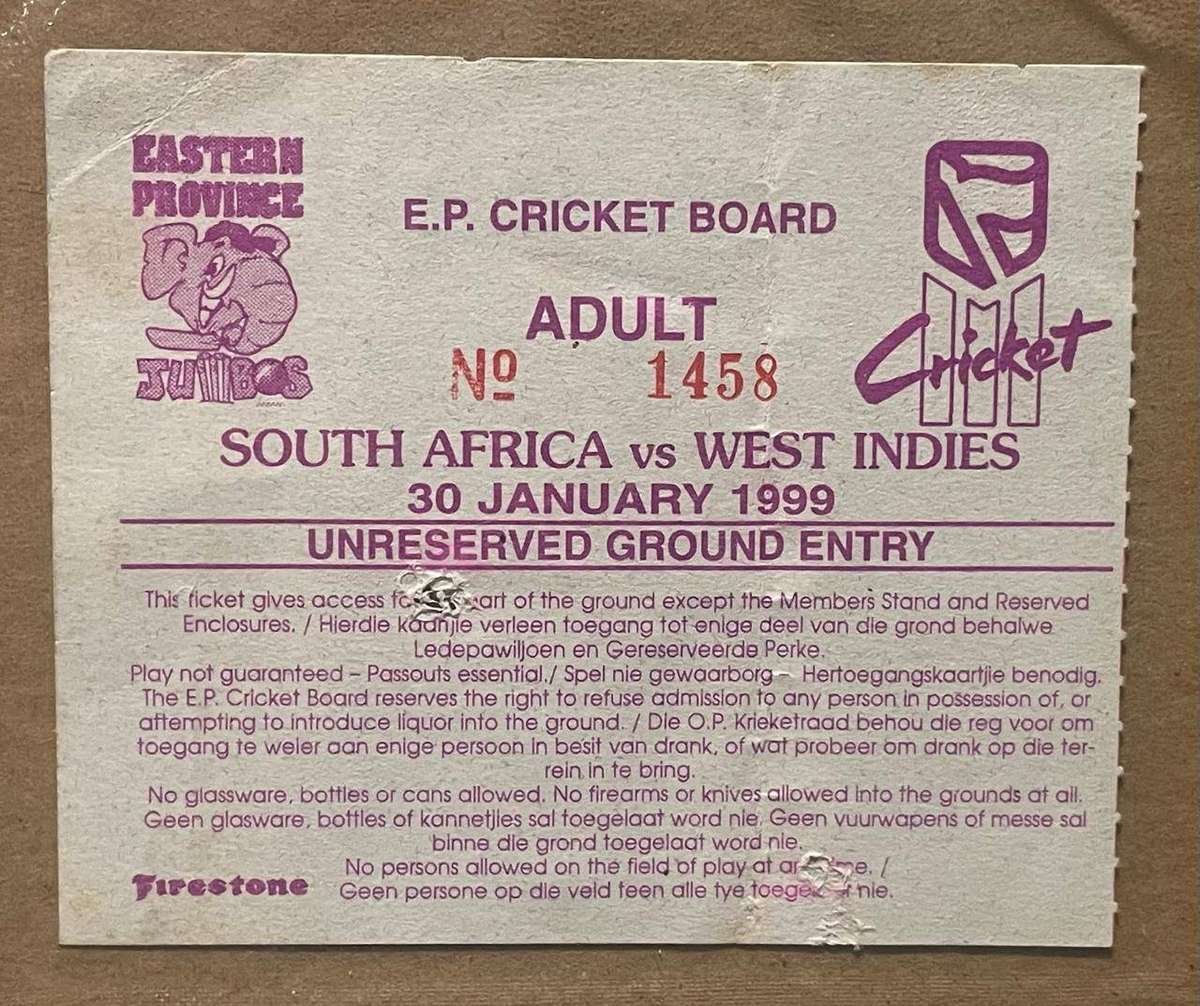 SA CRICKET 1999 - ODI MATCH TICKET SA vs West Indies, 4th ODI P.E.