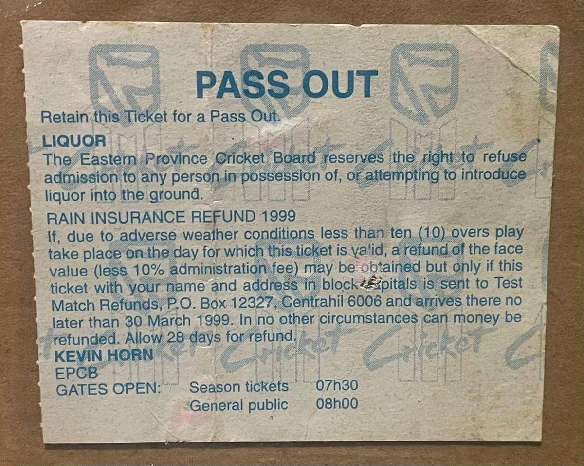 SA CRICKET 1999 - ODI MATCH TICKET SA vs West Indies, 4th ODI P.E.