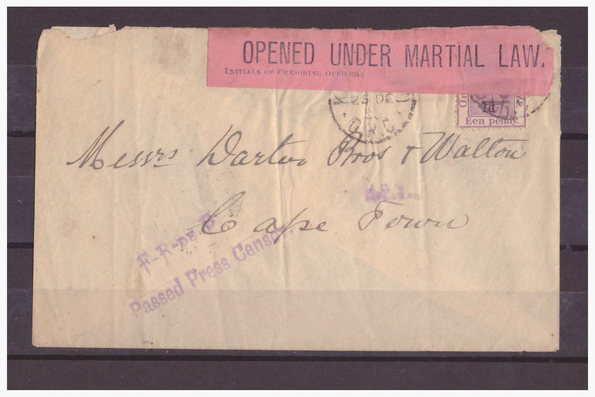 OFS 1900 - ABO/ABW COVER - KROONSTAD TO CAPE TOWN "HPY" "F.R. DE B." CACHETS