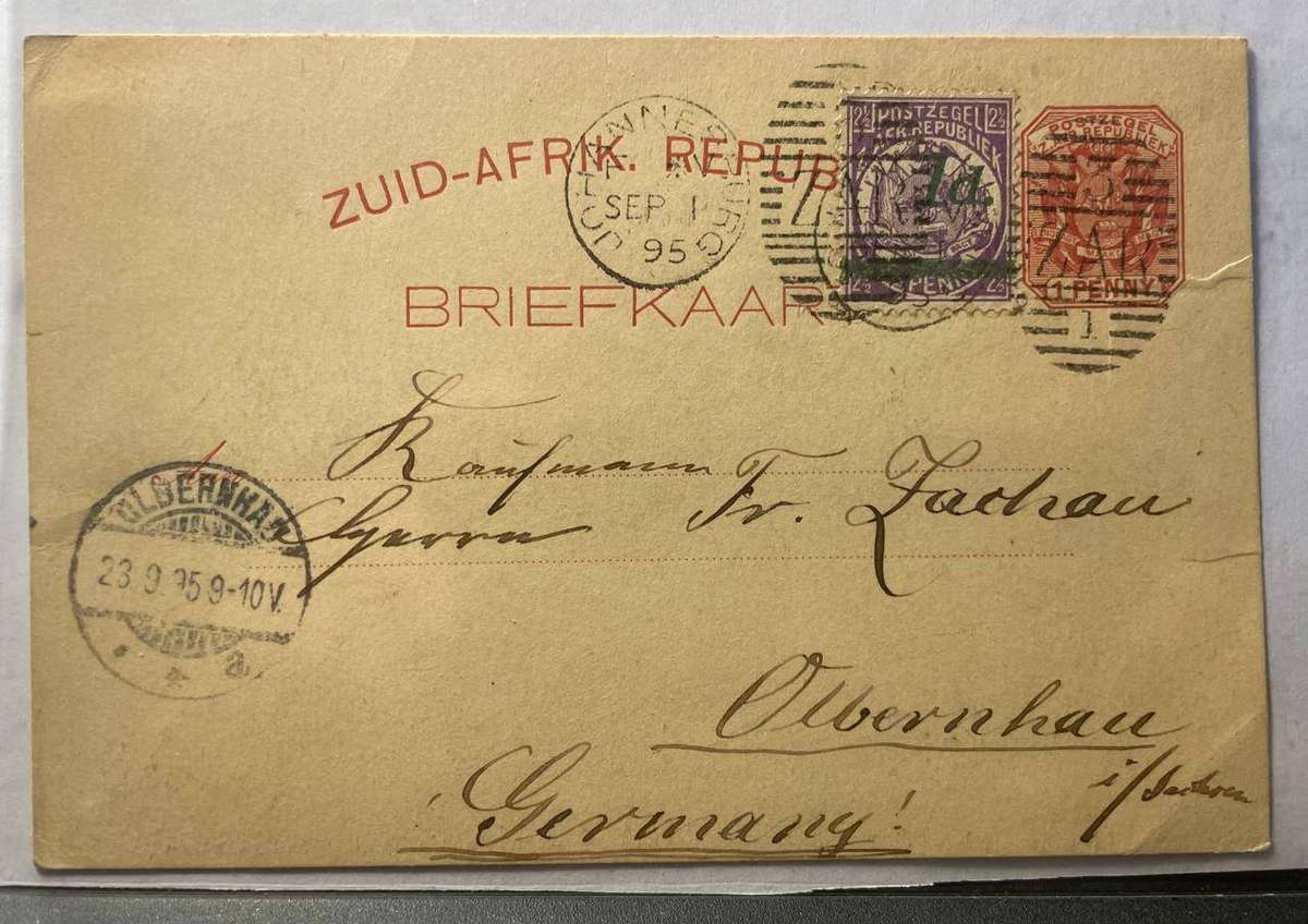 ZAR - 1895 DUPLEX HAND CANCELLER ON PC TO GERMANY [JHB 1/10/1895] 3/ZAR/1