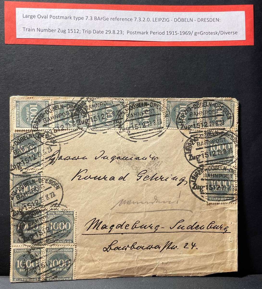 GERMANY - CV 100 EURO - 1923 LEIPZIG TO DRESDEN TRAIN COVER ZUG 1512 CV R2100