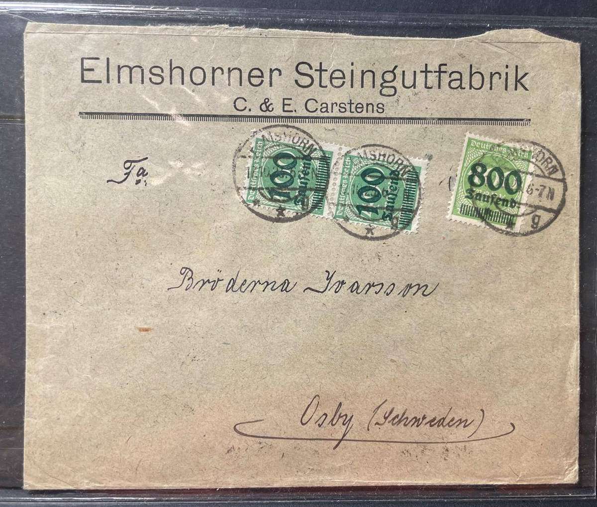 GERMANY 17-10-1923 FROM ELMSHORN TO OSBY, SWEDEN CV R750