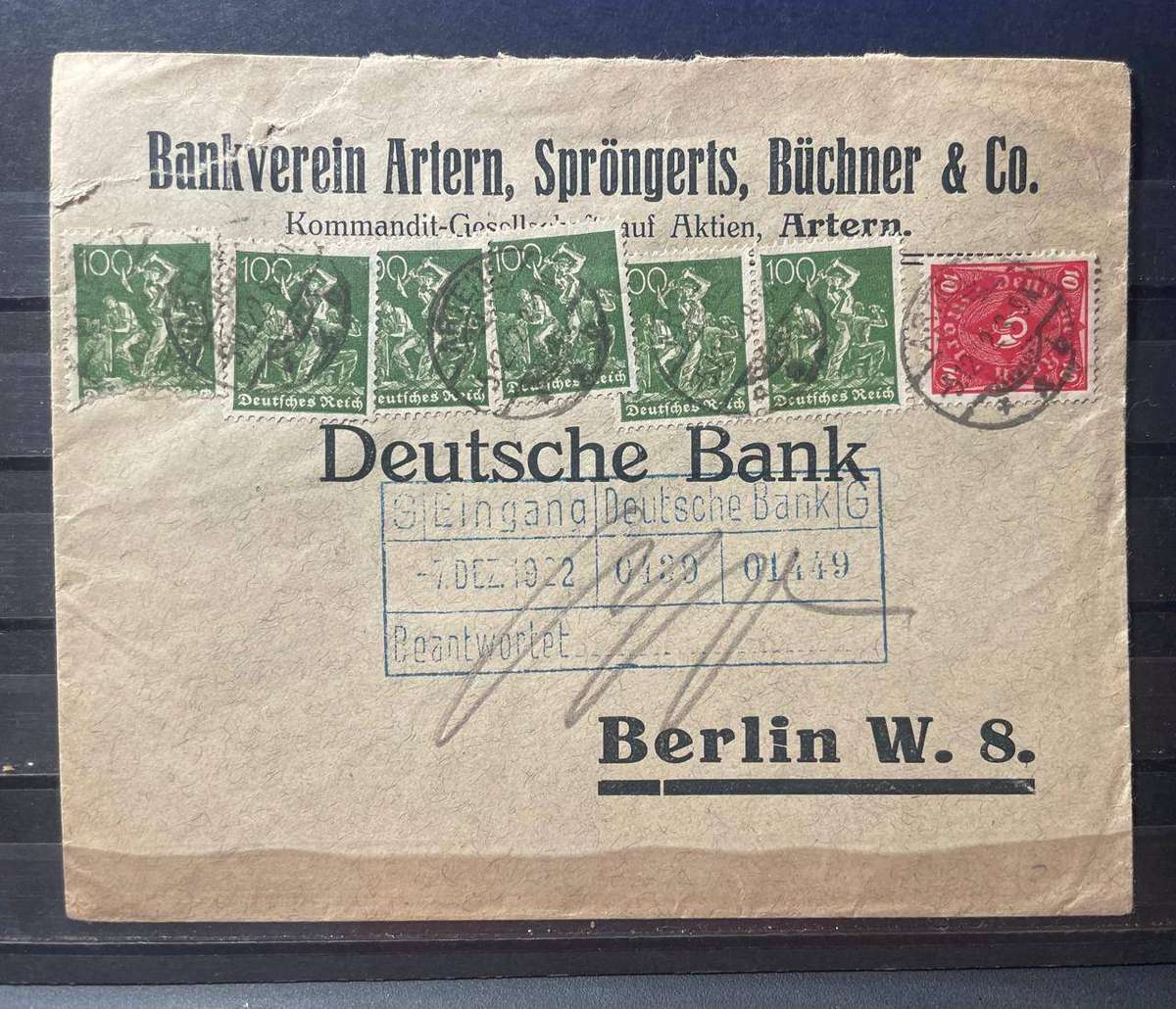 GERMANY 1922 COVER - CV E 50 EURO / R1100 - BANK LETTER FROM BERLIN 5/12/1922
