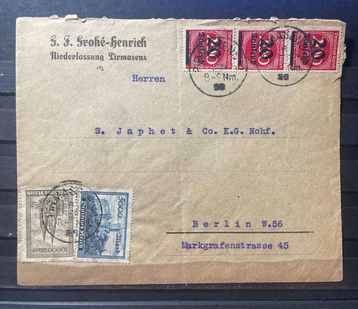 GERMANY 1923 COVER - CV E 31 EURO / R650 - PIRMASENS TO BERLIN W56