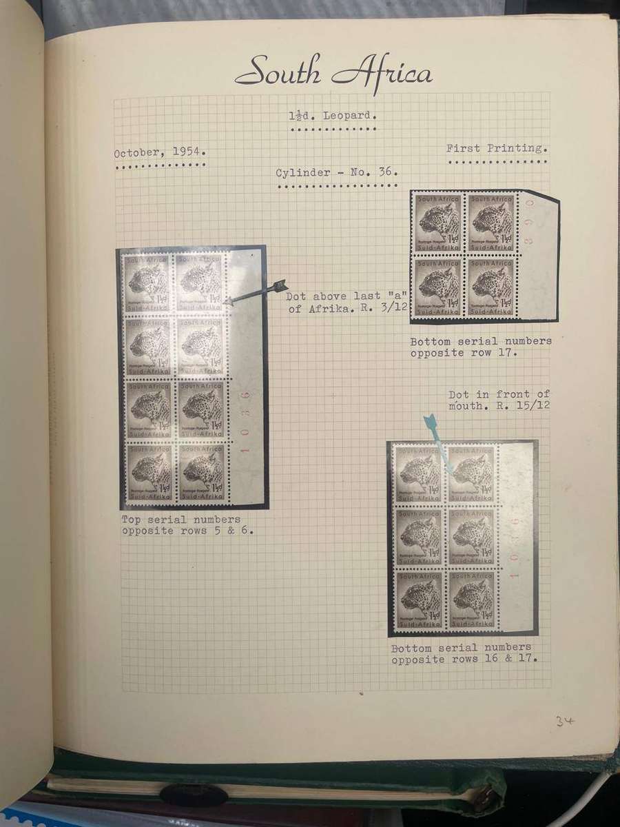 UNION 1954 SPECIALIZED ALBUM SHOWING 1½d LEOPARD DETAILED ANALYSIS VARIETIES PLATE FLAWS ETC