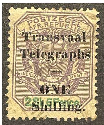 TRANSVAAL TELEGRAPHS 1902 - ONE SHILLING ON 2/6 LILAC GREY USED