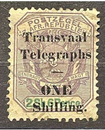 TRANSVAAL TELEGRAPHS 1902 - ONE SHILLING ON 2/6 LILAC GREY USED