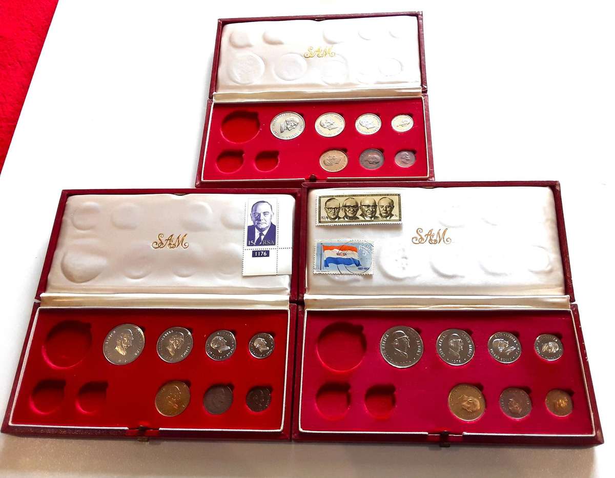 1976 Proof sets in original SAM box. No silver. ALL for 1 bid. Mint Vorster stamp