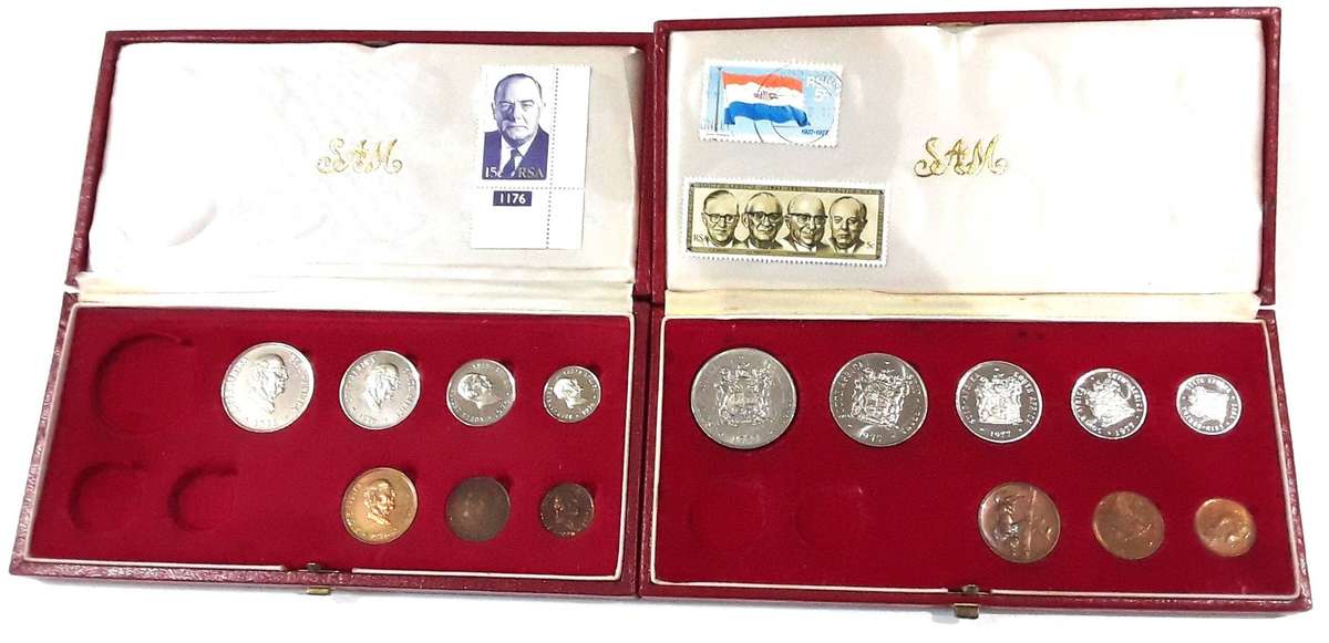 1976 & 1977 Proof sets in Original SAM box. Used Nickel R1 in 1977 set.No silver. Mint Vorster stamp