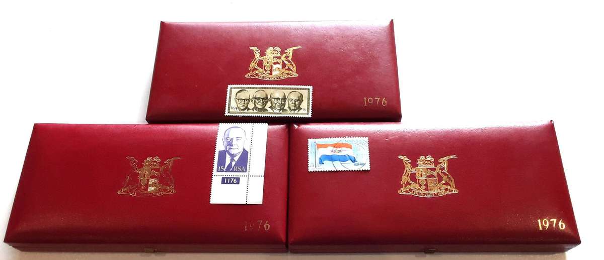 1976 Proof sets in original SAM box. No silver. ALL for 1 bid. Mint Vorster stamp