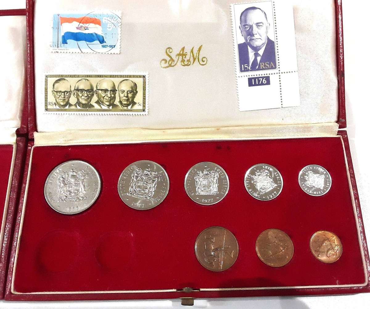 1976 & 1977 Proof sets in Original SAM box. Used Nickel R1 in 1977 set.No silver. Mint Vorster stamp