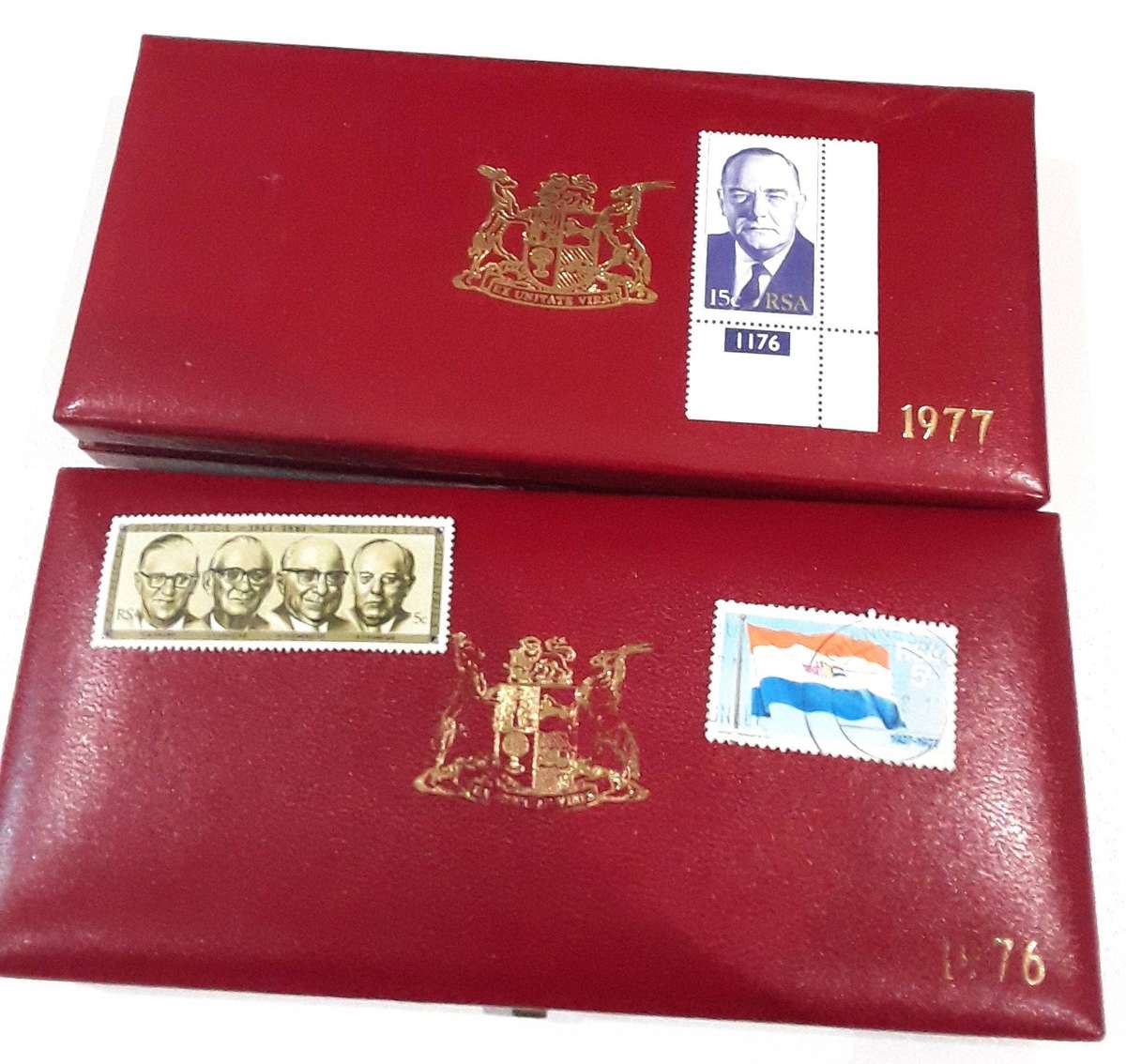 1976 & 1977 Proof sets in Original SAM box. Used Nickel R1 in 1977 set.No silver. Mint Vorster stamp