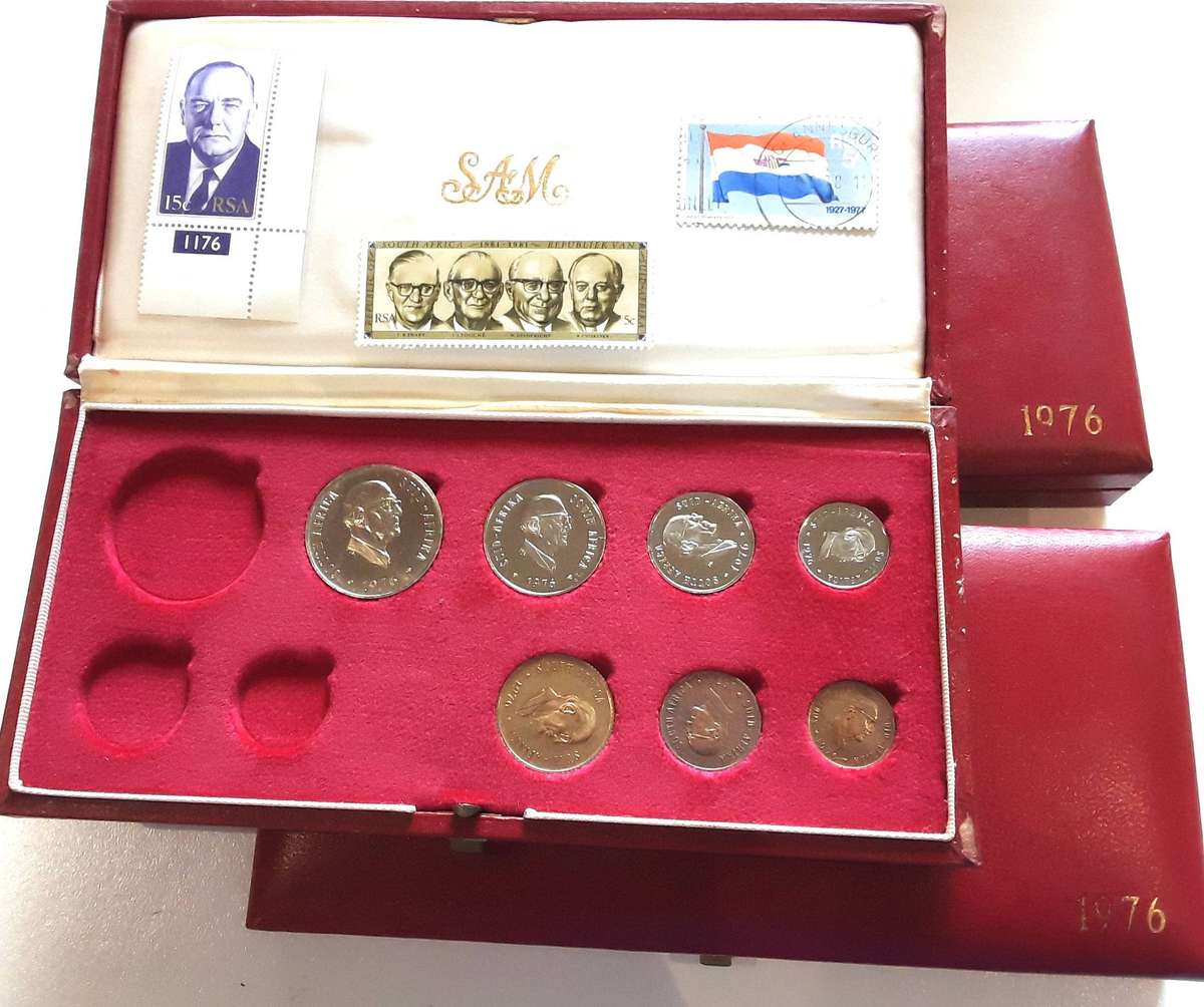 1976 Proof sets in original SAM box. No silver. ALL for 1 bid. Mint Vorster stamp