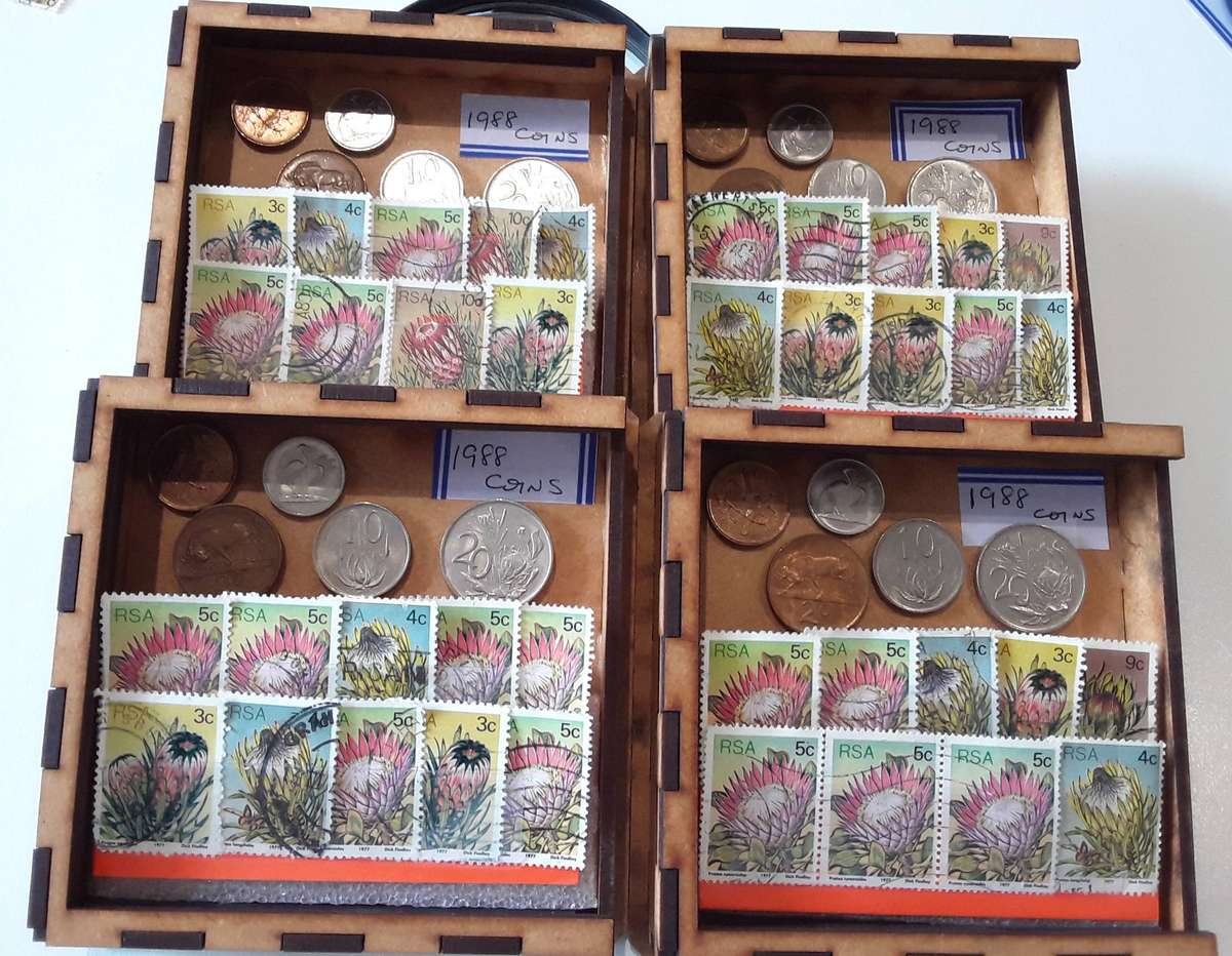 1988 Partial coin set with stamps. ALL 4 for 1 Bid. Comes in Gift Box