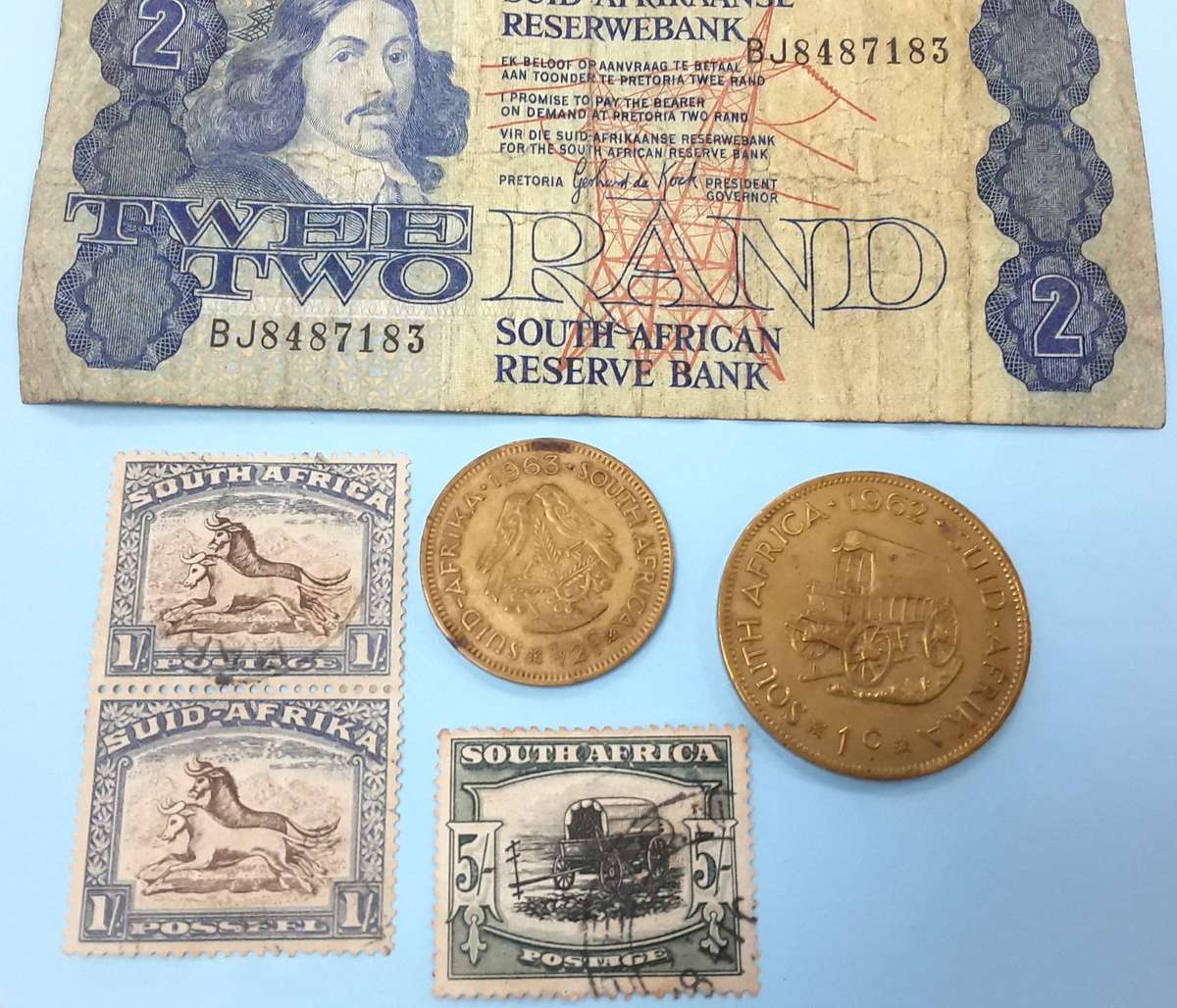 Antique Union Coins, R2 note & stamps. 5 shilling & pair of 1 shilling.