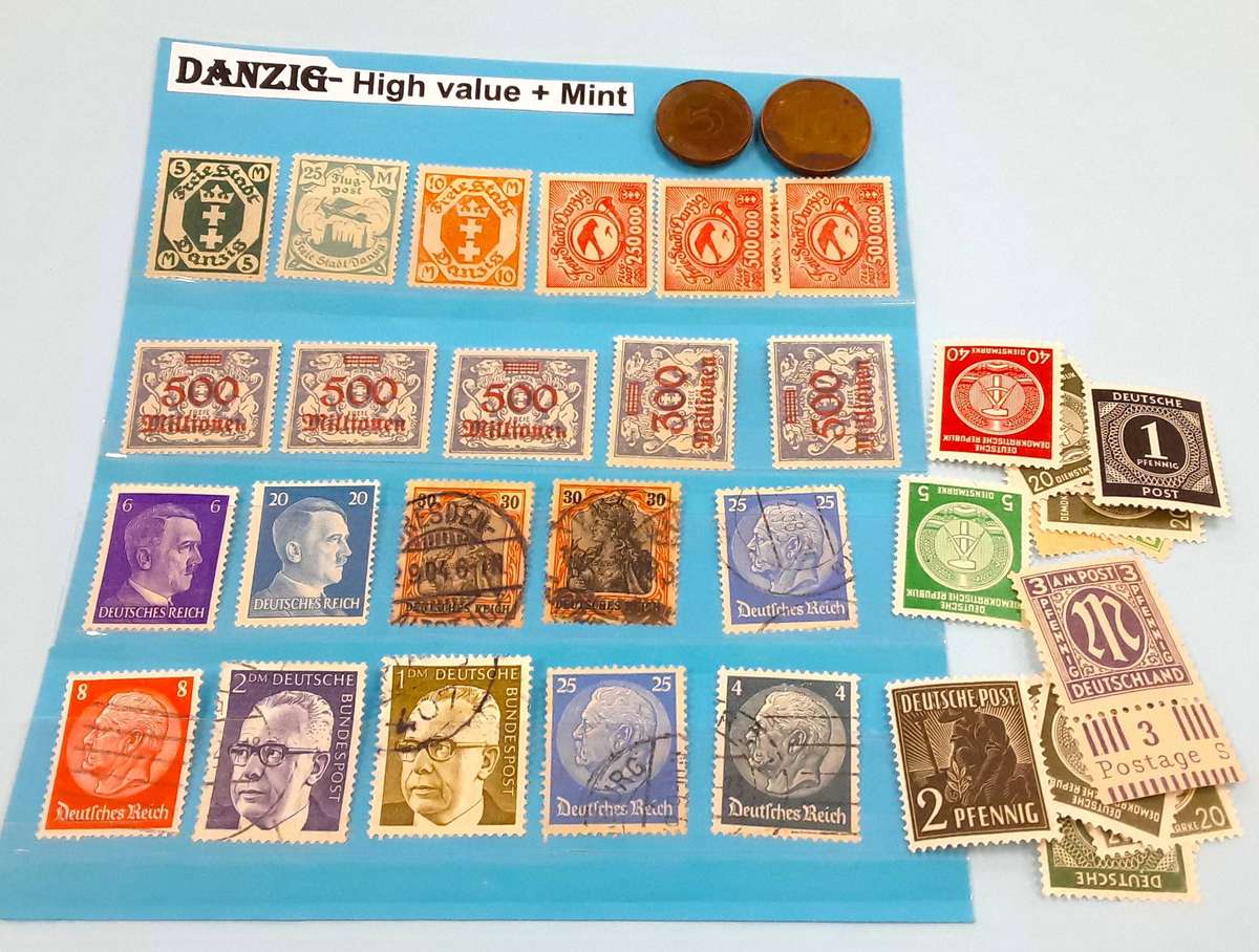 DANZIG- Very High value Mint stamps with Germany Coins. Mostly mint. See Photos