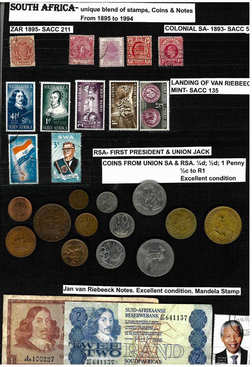 SOUTH AFRICA-COINS, STAMPS &NOTES.From 1895 to 1994.Bid per set.