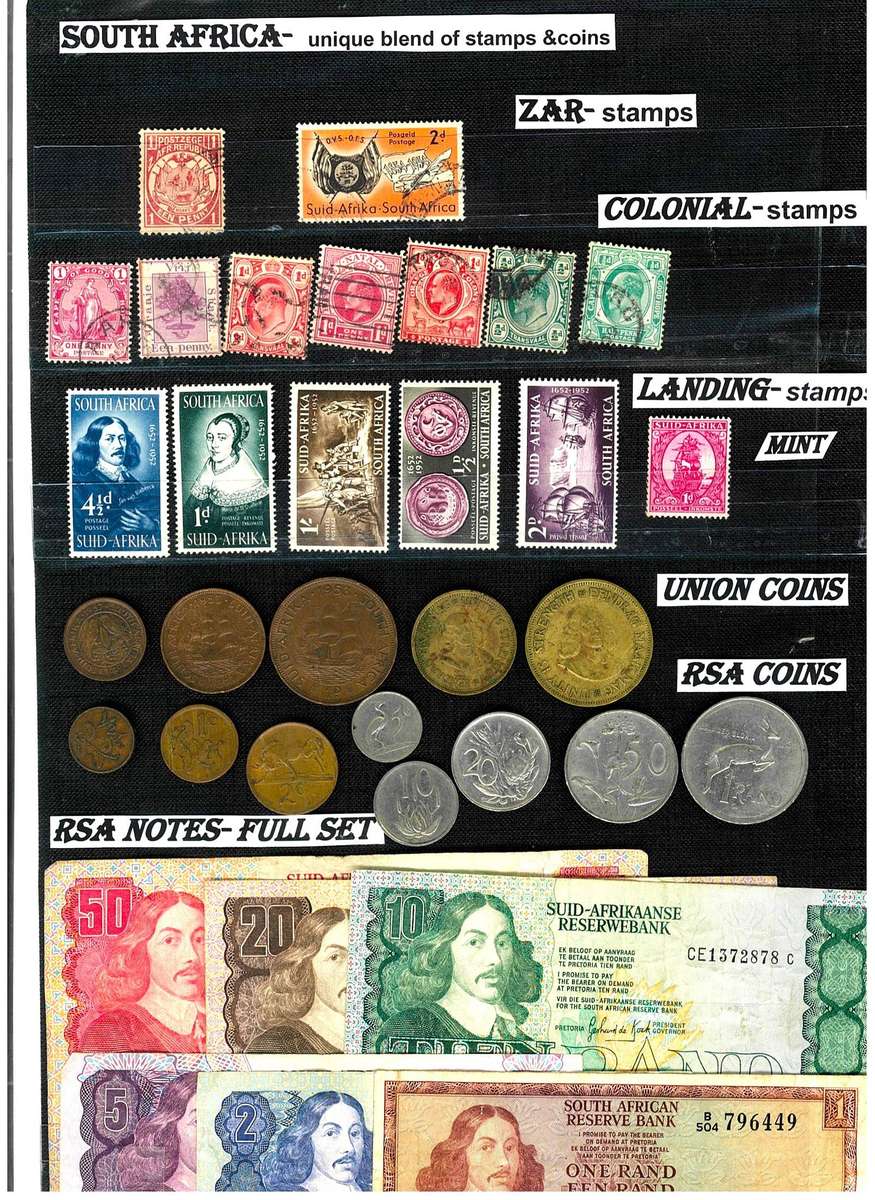 SOUTH AFRICA- Unique blend of Stamps, Coins & Notes. Full Set of Notes.