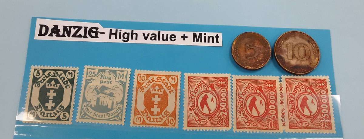 DANZIG- Very High value Mint stamps with Germany Coins. Mostly mint. See Photos