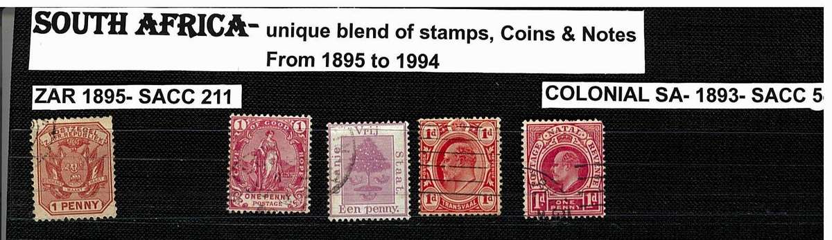 SOUTH AFRICA-COINS, STAMPS &NOTES.From 1895 to 1994.Bid per set.