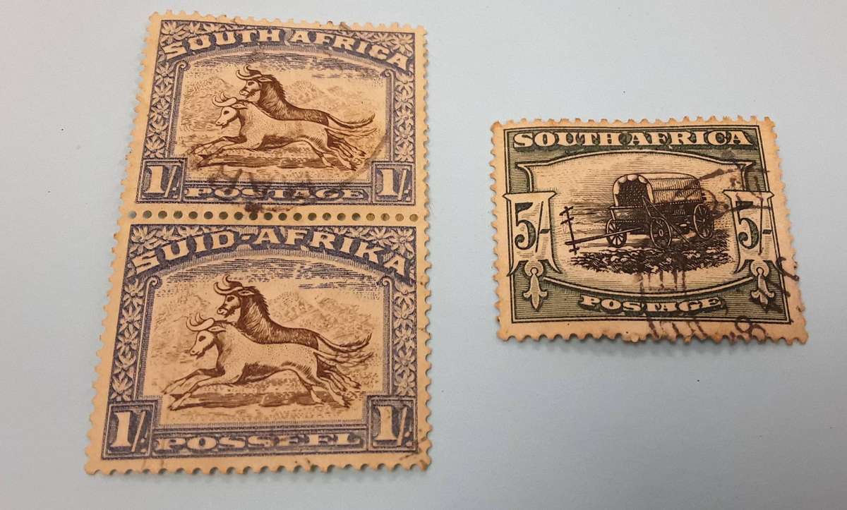 Antique Union Coins, R2 note & stamps. 5 shilling & pair of 1 shilling.