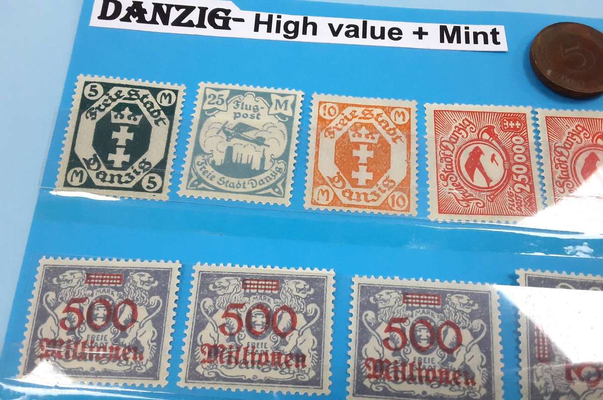 DANZIG- Very High value Mint stamps with Germany Coins. Mostly mint. See Photos