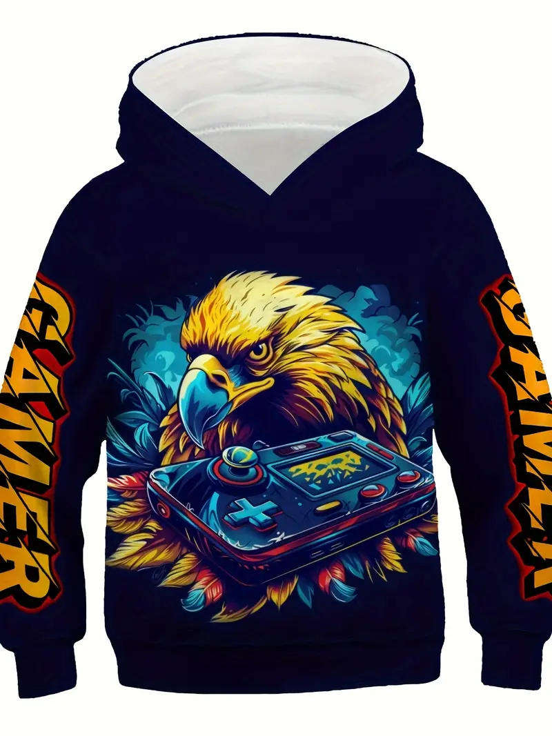 Boys' 3D Cartoon Eagle & Game Console Hoodie