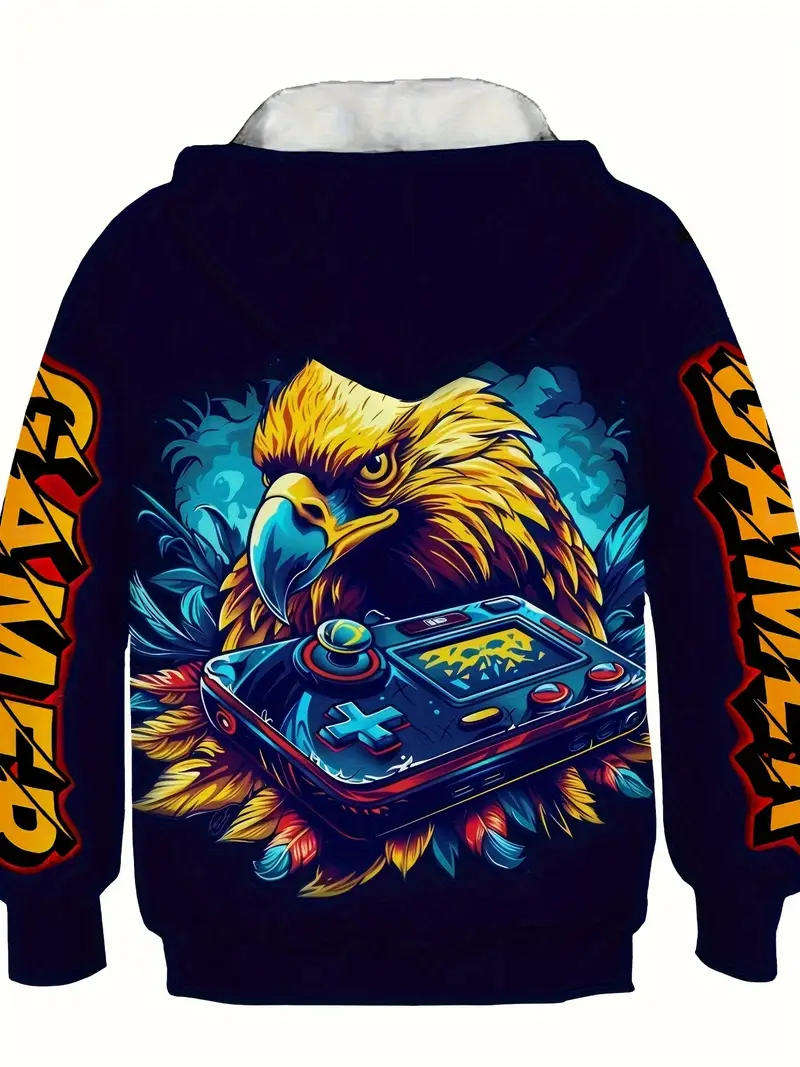 Boys' 3D Cartoon Eagle & Game Console Hoodie