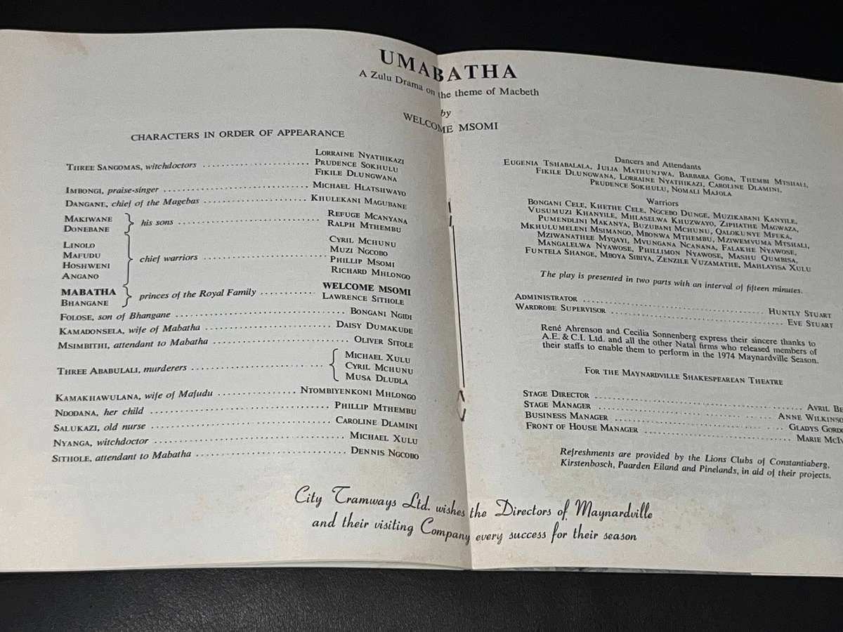 UMABATHA THE ZULU THEATRE COMPANY PROGRAMME MAYNARDVILLE JAN 1974