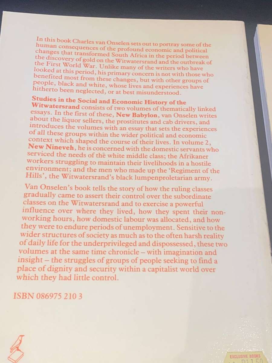 STUDIES IN THE SOCIAL AND ECONOMIC HISTORY OF THE WITWATERSRAND 1886-1914 2 VOLS BY C  VAN ONSELEN