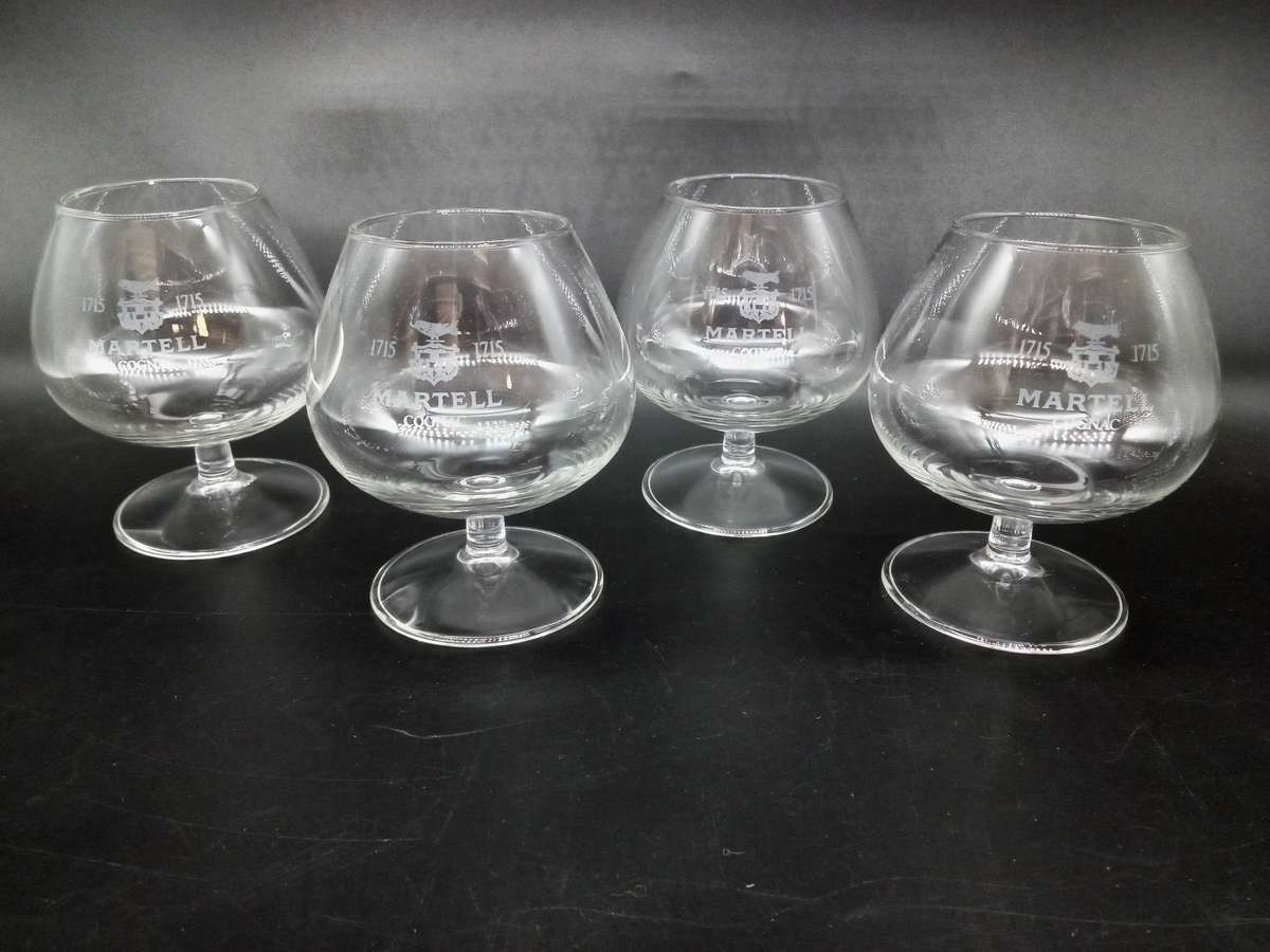 Vintage Martell Cognac Glasses, (Set of 4) 9cm x 8cm x 5cm, base is 6cm wide