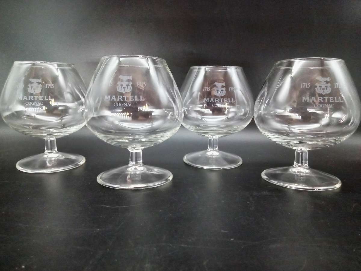 Vintage Martell Cognac Glasses, (Set of 4) 9cm x 8cm x 5cm, base is 6cm wide