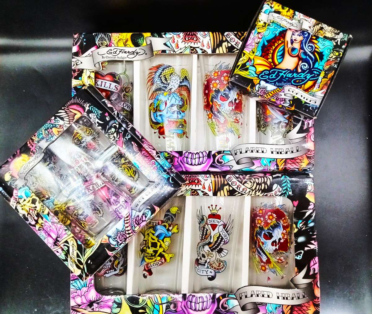 ED Hardy Boxed Collection! - Coasters, Shot & High Ball Glasses all Designed by Christian Audigier