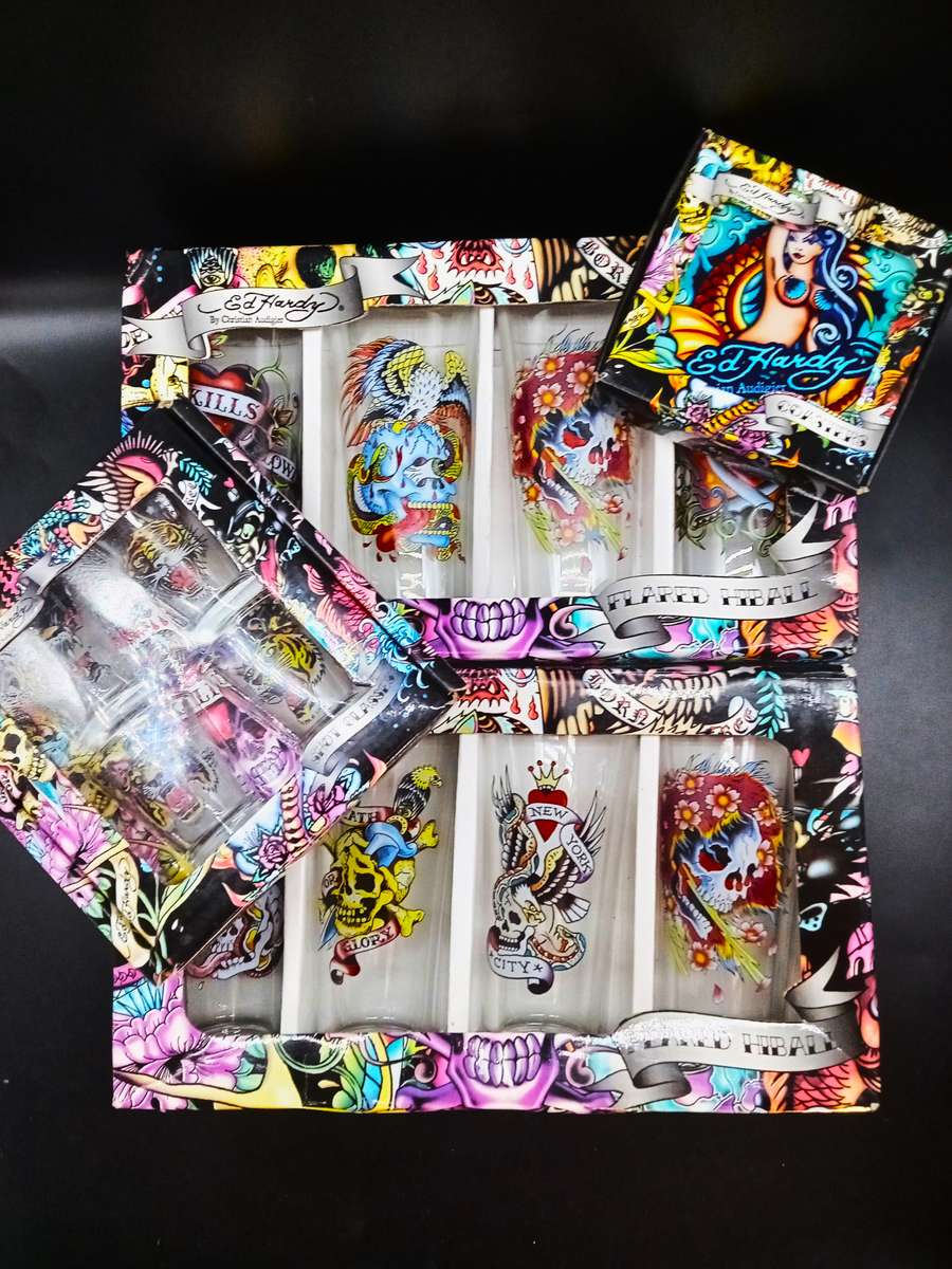 ED Hardy Boxed Collection! - Coasters, Shot & High Ball Glasses all Designed by Christian Audigier