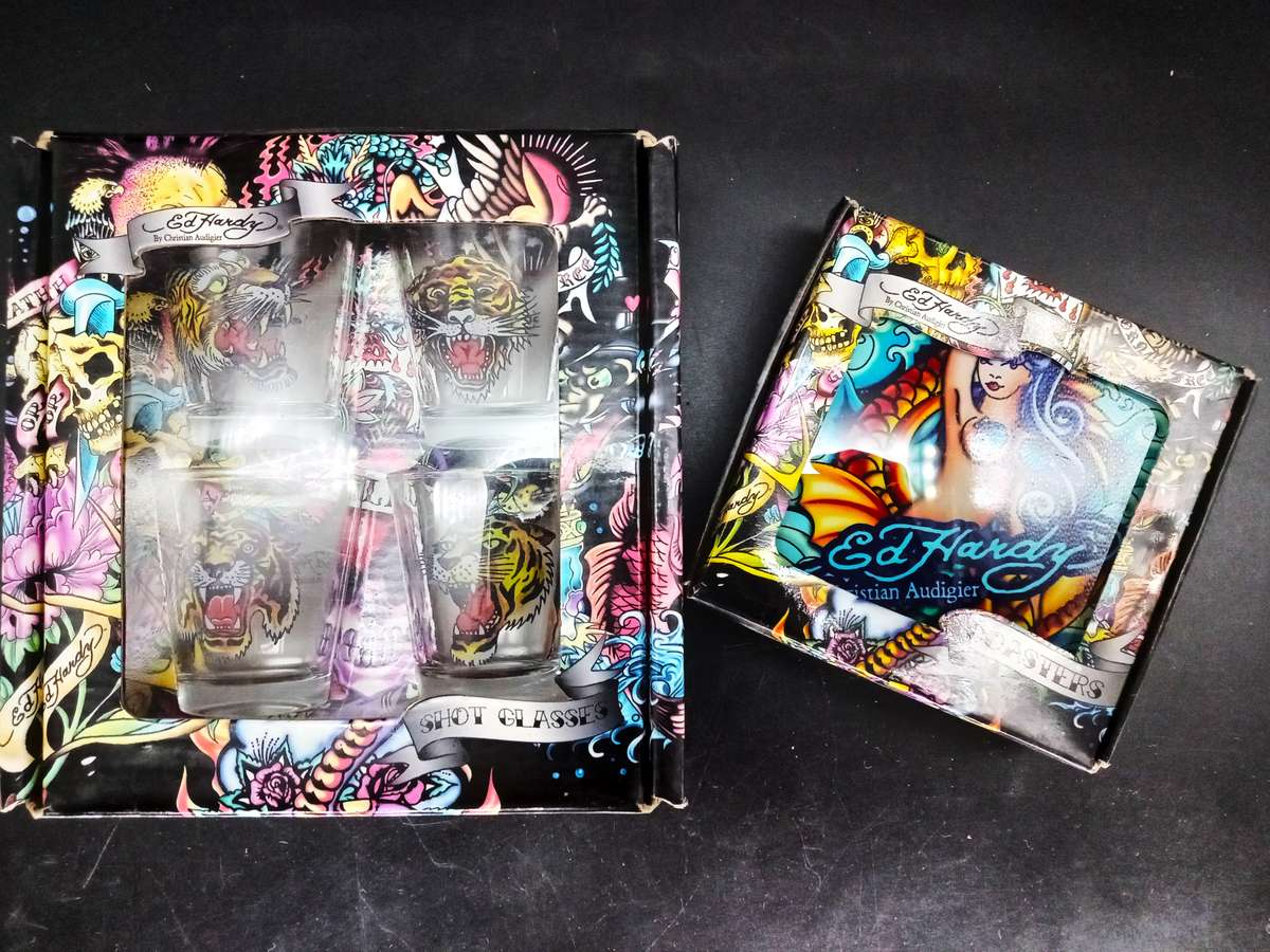 ED Hardy Boxed Collection! - Coasters, Shot & High Ball Glasses all Designed by Christian Audigier