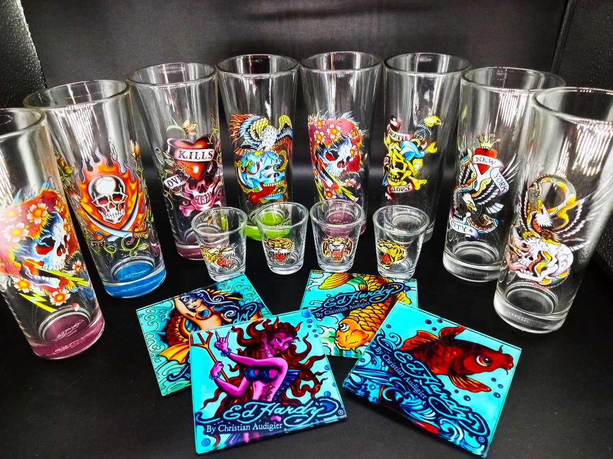 ED Hardy Boxed Collection! - Coasters, Shot & High Ball Glasses all Designed by Christian Audigier