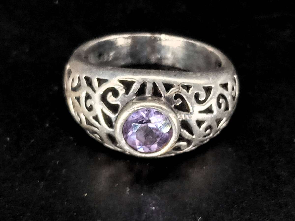 Vintage!!! Sterling Silver Arabesque Filigree Ring with Brilliant Cut, Bevel Set Amethyst