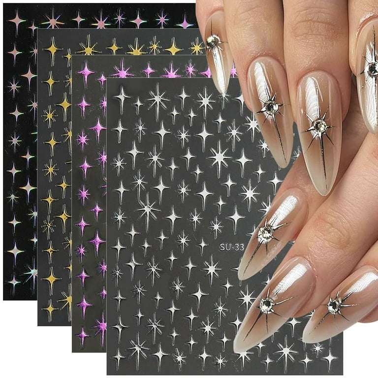 4 Sheets Starlight Star Nail Stickers 3D Glitter Shiny Purple Gold Silver Laser Stars Nail Art