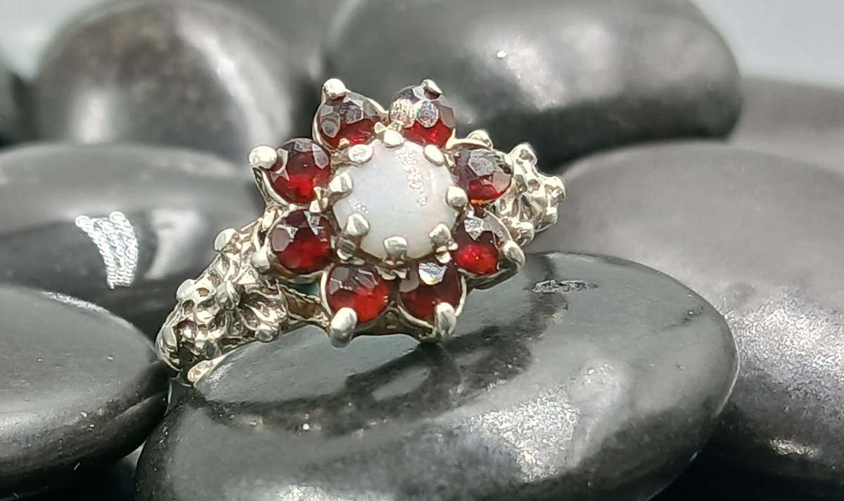 Vintage Opal and Garnet Sterling Silver Ring