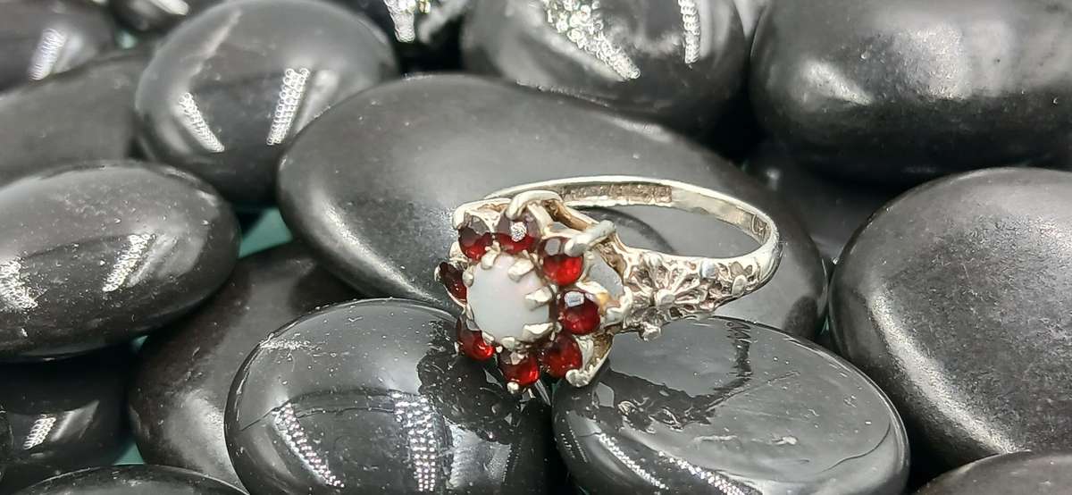 Vintage Opal and Garnet Sterling Silver Ring