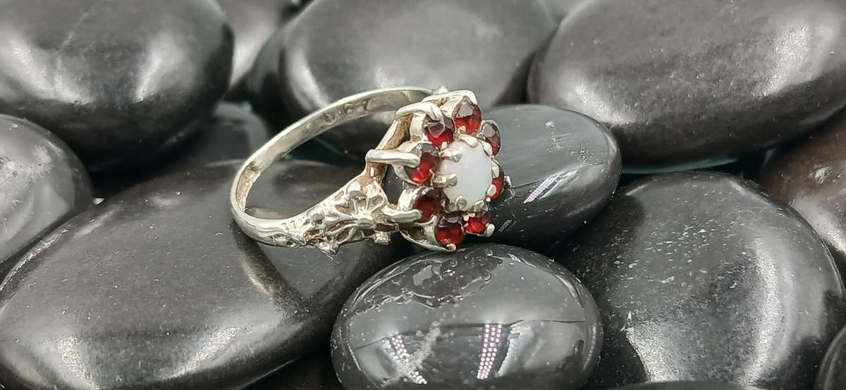 Vintage Opal and Garnet Sterling Silver Ring