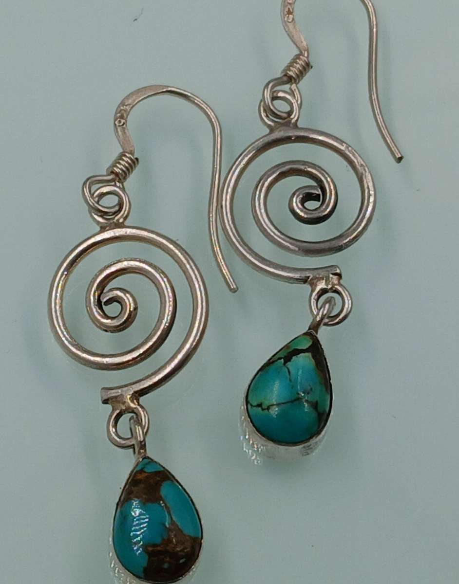 Pair of Sterling Silver Spiral Earrings with Turquoise Teardrop