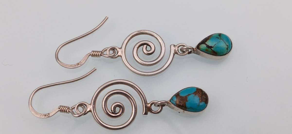 Pair of Sterling Silver Spiral Earrings with Turquoise Teardrop