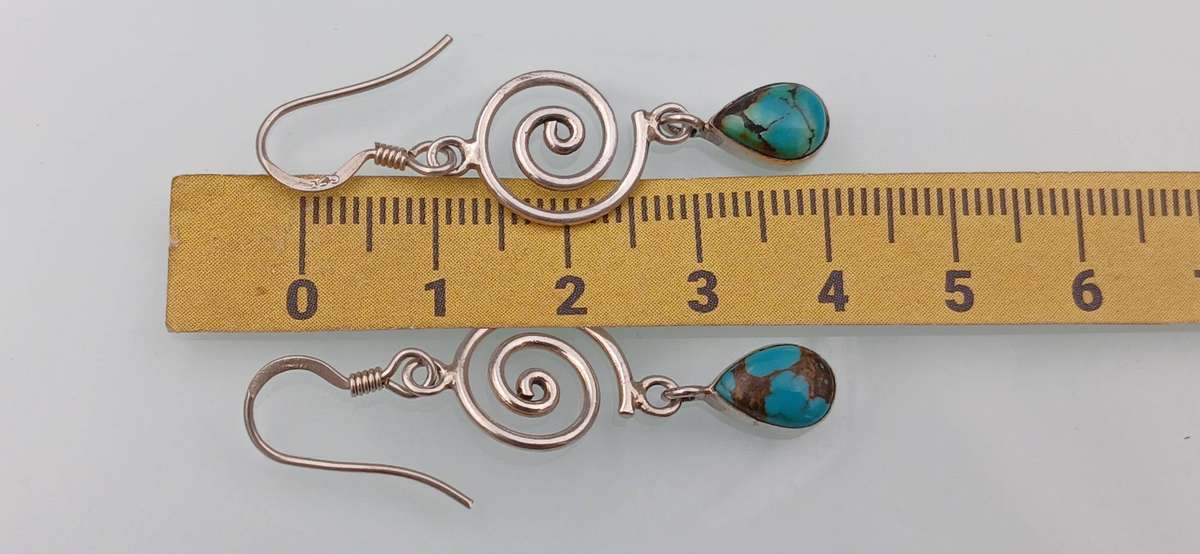 Pair of Sterling Silver Spiral Earrings with Turquoise Teardrop